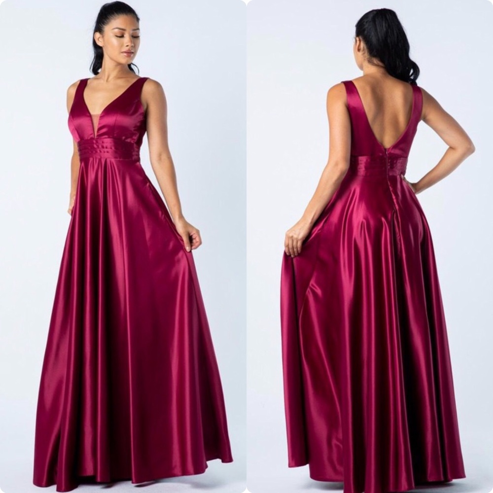 Burgundy Solid Satin A Line Evening Gown. S- 3XL.